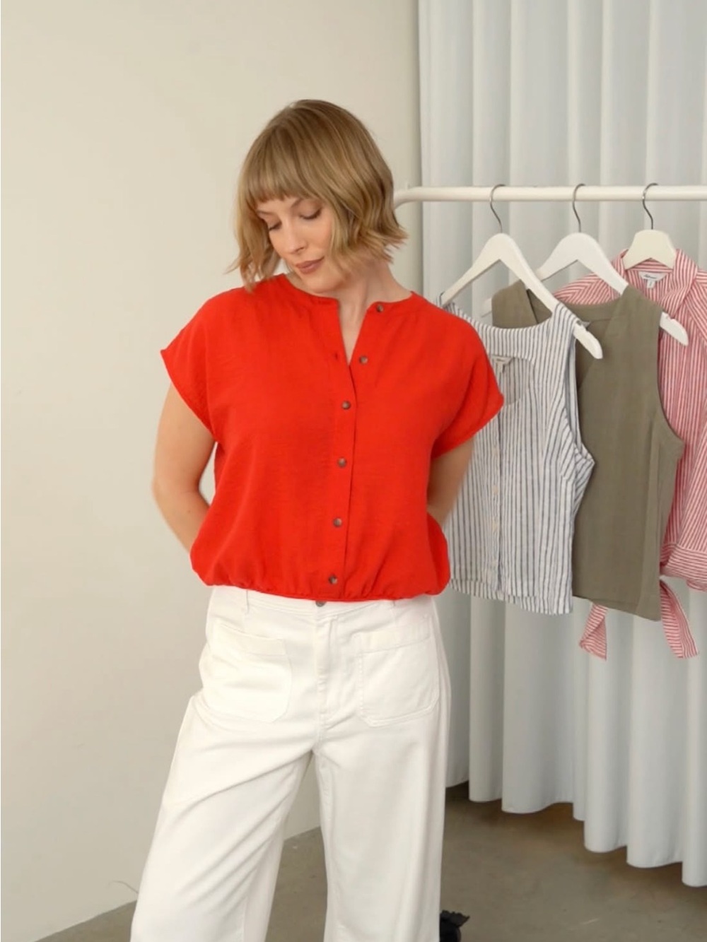 Red Button-Front Popover Blouse - Women